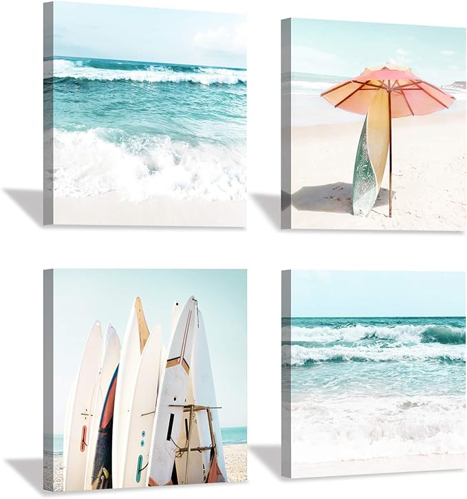 Beach Canvas Wall Art Painting: Summer Surfboard and Umbrella on Beach Picture Print for Living Room (16'' x 16'' x 4 Panels)