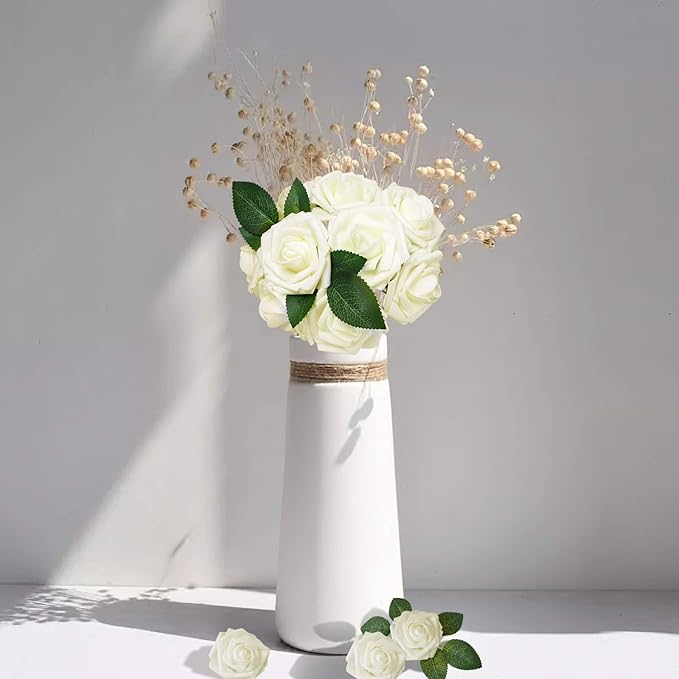 AmyHomie Artificial Flower Ivory Rose 25pcs Real Looking Fake Roses w/Stem for DIY Wedding Bouquets Centerpieces Arrangements Party Baby Shower Home Decorations