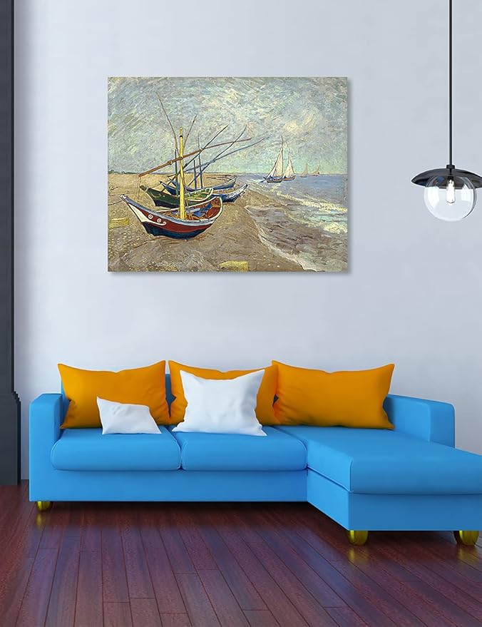 DECORARTS - Boats At Saintes Maire, Vincent Van Gogh Art Reproduction. Giclee Print on Canvas. Wall Art for Home. 40x32