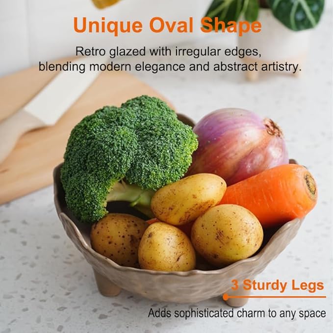 Fruit Bowl for Kitchen Counter, Porcelain Decorative Bowl for Home Décor Modern Pedestal Bowl with 3-Legs Large Centerpiece Bowl for Breads, Nuts, Brown