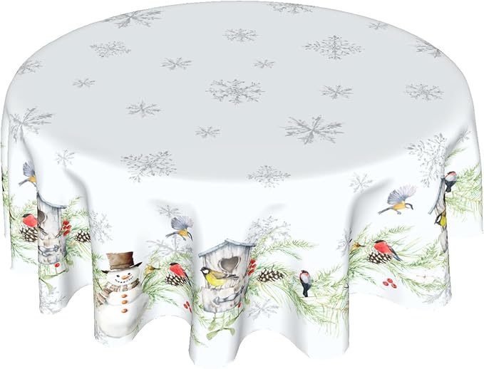Winter Xmas Tablecloth White Winter Snowman Round Tablecloth 60inch Merry Christmas Tablecloth Round Winter Table Cloth Snowflake Table Cover for Home Kitchen Dinner Holiday Party Indoor Outdoor Decor