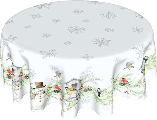 Winter Xmas Tablecloth White Winter Snowman Round Tablecloth 60inch Merry Christmas Tablecloth Round Winter Table Cloth Snowflake Table Cover for Home Kitchen Dinner Holiday Party Indoor Outdoor Decor