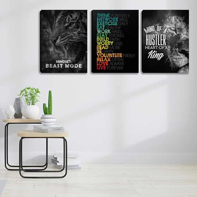 3 Pieces Mindset Wall Decor Posters Room Decor for Men Motivational Tiger Wall Art for Office Inspirational Picture Painting Poster Prints Canvas Wall Art Home Framed Decorations(36" Wx16 H)
