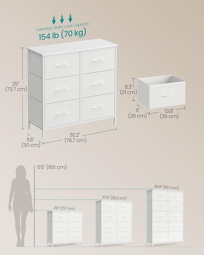 SONGMICS Dresser for Bedroom, Chest of Drawers, TV Stand, Steel, MDF, 6 Non-Woven Fabric Drawers, Storage Organizer Unit, Closet, Entryway, Cloud White and Snow White ULGS123W01S