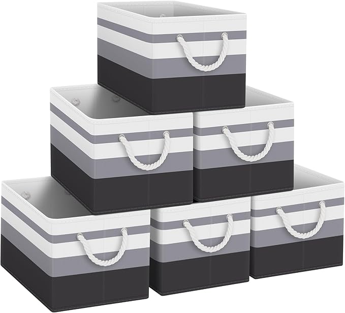 Fab totes Storage Bins [6-Pack], Foldable Storage Baskets for Organizing Toys, Books, Shelves, Closet, Large Storage Box with Rope Handles, Sturdy Organizer Bins,Gradient Grey
