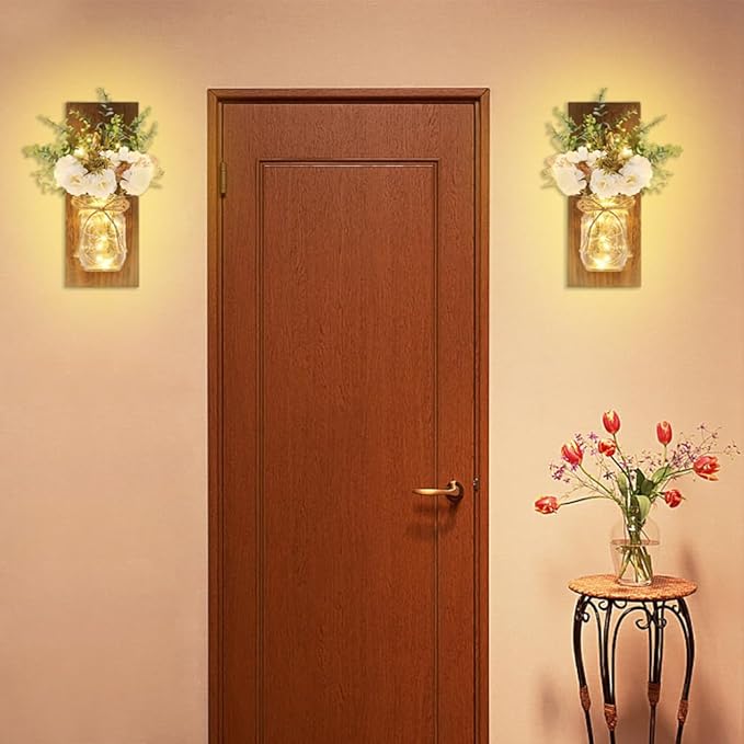 Rustic Wall Sconces Mason Jar Sconces Handmade Wall Art Hanging Design with Remote Control LED Fairy Lights and White Peony,Christmas Decor Gift Farmhouse Wall Home Decor Living Room Lights Set of Two