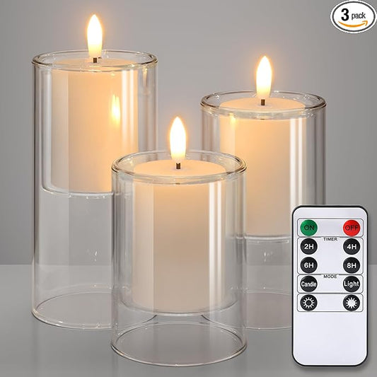 NURADA Flameless Candles with Remote Timer - Glass Real Wax 3D Wick LED Pillar Votive Candle Set Battery Operated Flickering Light for Home Christmas Decoration - White 3 Pack