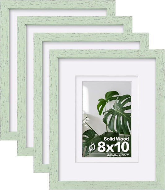 Egofine 8x10 Picture Frames Set of 4, Made of Solid Wood Covered by Plexiglass 4x6 and 5x7 with Mat or 8x10 without Mat, for Table Top Display and Wall Mounting Photo Frame Rustic Green