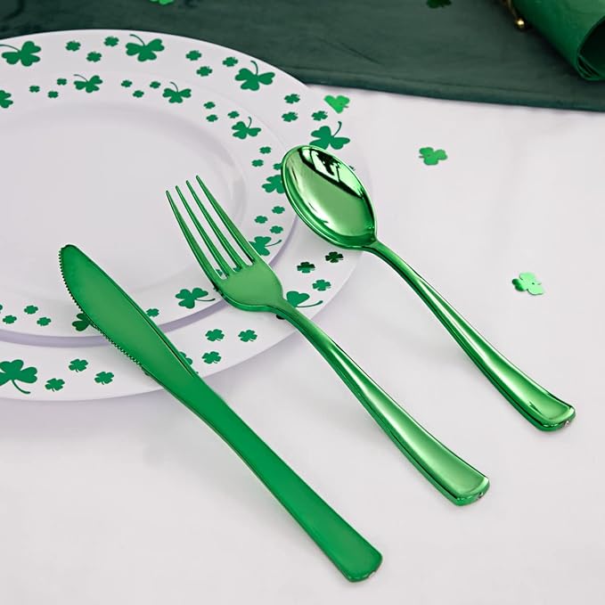 WDF 125pcs St. Patrick’s Day Plastic Plates with Shamrock Clover & Disposable Silverware - Premium White and Green Plastic Dinnerware for Wedding &Parties, Special for St. Patrick’s Day