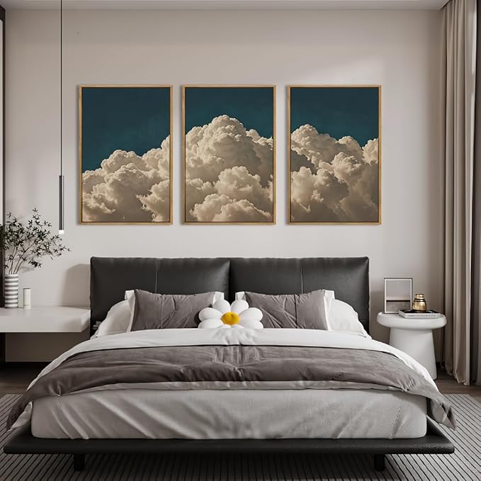IARTTOP Extra Large Cloud Canvas Wall Art 24x36 Inch Framed Abstract Modern Landscape Wall Decor Navy Blue Sky Painting Set of 3 for Bedroom Living room