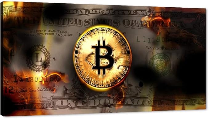 Office Artwork Wall Decor Motivational Burning Bitcoin and Dollars Creative Artwork Office Modern Home Wall Art Work Positive Money Canvas Wall Pictures Posters for Study Room Gym Framed-40"Wx20"H