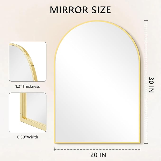 Arched Wall-Mounted Mirror, 20"x30" Arch Bathroom Mirror, Gold Vanity Mirror for Wall Décor, Wall Mirror with Metal Frame for Bedroom, Entryway, Living Room, Brushed Gold