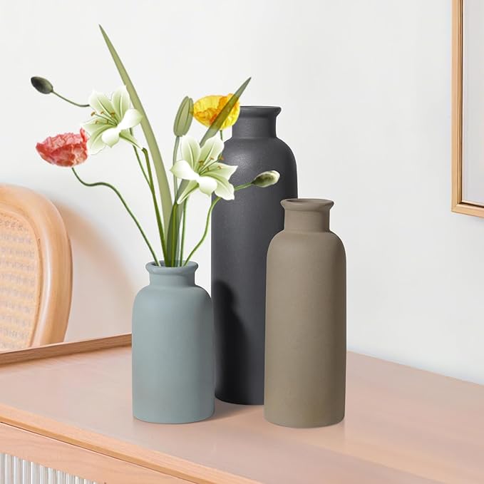 Small Ceramic Vase Set of 3, Boho Modern Flower Vase Room Decor, Farmhouse Decor, Vases for Your Kitchen, Bathroom, Bedroom, Living Room, Office&Shelf Centerpiece Table Decorations Multicolor
