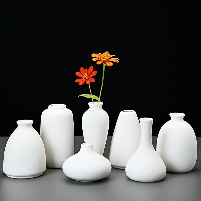 Set of 9 Ceramic Bud Vases for Pampas Grass Flowers, Small Vases in Bulk for Centerpieces Boho Vases for Wedding Decorations Neutral Living Room and Bedroom Decor DIY Gift (White)