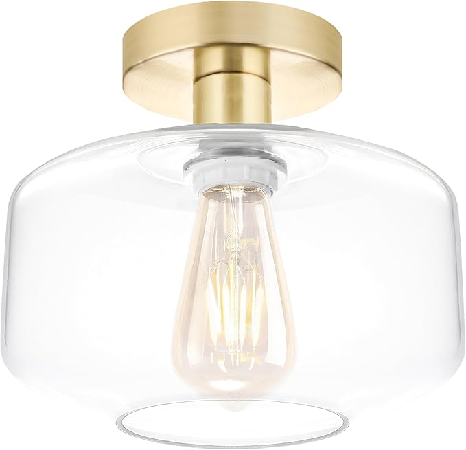 Semi Flush Mount Ceiling Lights, Industrial Ceiling Light, Glass Pendant Lamp Shade,11.8'' Inches Pendant Light Fixtures for Hallway, Entryway, Farmhouse, Kitchen (Gold)