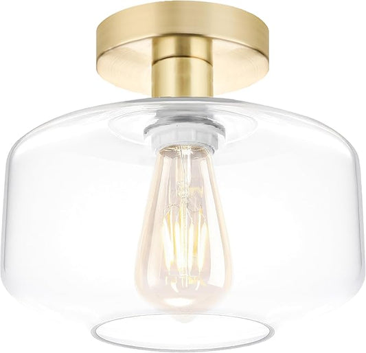 Semi Flush Mount Ceiling Lights, Industrial Ceiling Light, Glass Pendant Lamp Shade,11.8'' Inches Pendant Light Fixtures for Hallway, Entryway, Farmhouse, Kitchen (Gold)