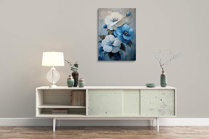 Blue and White Floral Picture Wall Decor Framed Botanical Plant Rustic Flower Canvas Wall Art Modern Pop Prints Poster Western Country Farmhouse Painting for Bathroom Living Room Bedroom (12"x16")