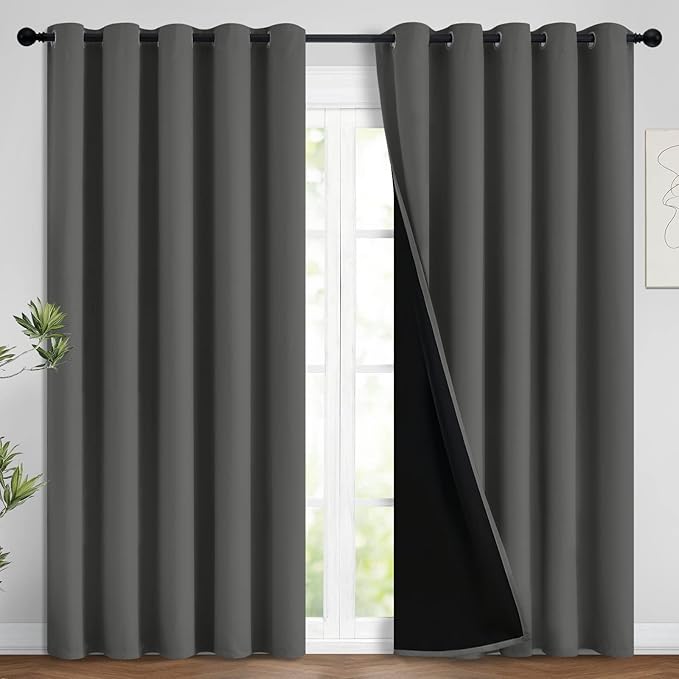 Dark Grey Full Shade Curtain Panels, Heavy Duty Lined Curtains 96 Inches Long, Thermal Insulated Room Darkening Curtains with Black Liner for Bedroom(62" Width Each Panel, Dark Gray, 2 Panels)