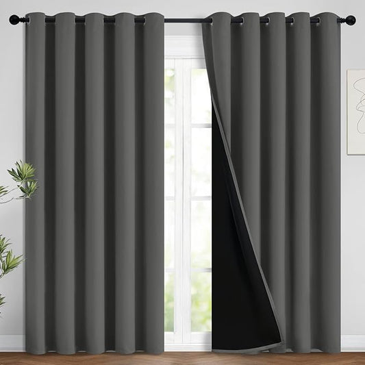 Yakamok Total Blackout Curtains, 2 Thick Layers Completely Blackout Soild Thermal Insulated Drapes with Black Liner for Bedroom(62Wx84L, Dark Grey, 2 Panels)