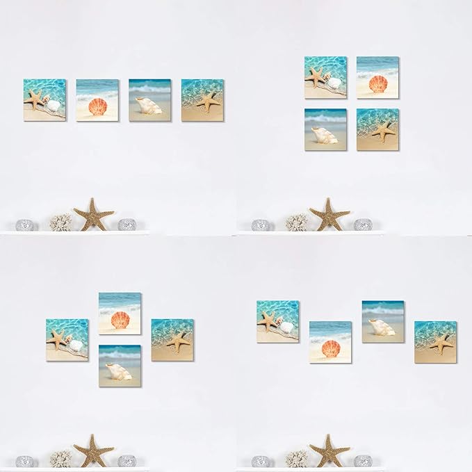 Hardy Gallery Beach Seashell Starfish Wall Art: Blue Ocean Beauties Artwork Print on Wrapped Canvas for Living Room (12''x12''x4pcs)