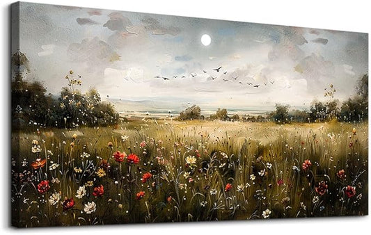 Wapluam Wall Decor For Living Room Canvas Wall Art For Bedroom Wildflower Field Vintage Wall Art Canvas Prints Paintings Farmhouse Artworks Pictures Modern Bathroom Aesthetic Home Wall Decor 40"X20"