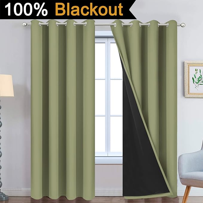 Yakamok 100% Blackout Window Curtain Panels, Heat and Full Light Blocking Drapes with Black Liner for Nursery,Thermal Insulated Draperies (Sage, 2 Pieces, 52Wx90L)