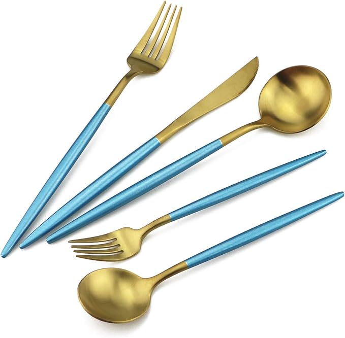 Gugrida Blue Gold Flatware, Royal 20 Piece Matte Blue Handle 18/10 Stainless Steel Tableware Sets for 4 Including Forks Spoons Knives, Camping Silverware Travel Utensils Set Cutlery (Blue Gold)