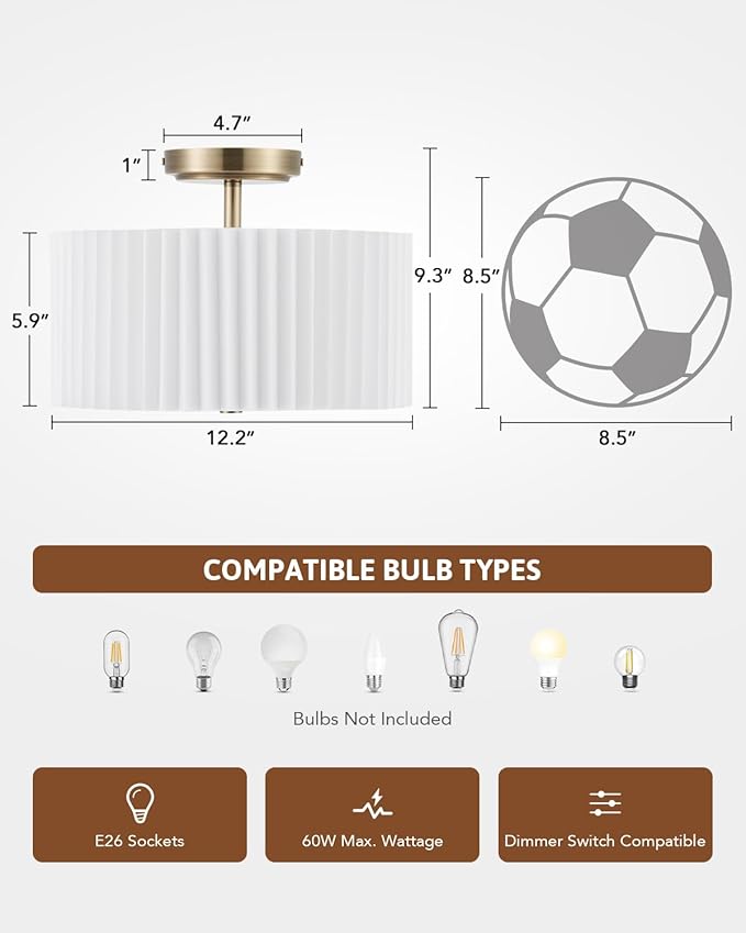 VONLUCE Semi Flush Mount Ceiling Light, 12.2'' Ceiling Light Fixture with Pleated Shade, 2-Light Modern Drum Light Fixture for Bedroom Living Room Entryway Hallway, White Shade & Bronze Finish