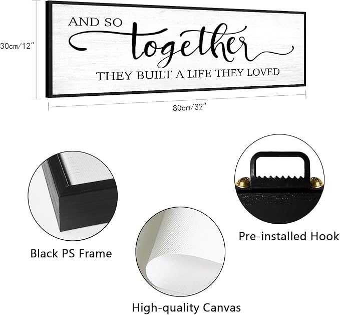 And So Together They Built A Life They Loved Sign Wall Decor: Farmhouse Master Bedroom Wall Art Above Bed,32''×12'' Large Framed Canvas Bedroom Signs Modern Guest Room Living Room Hanging Plaque
