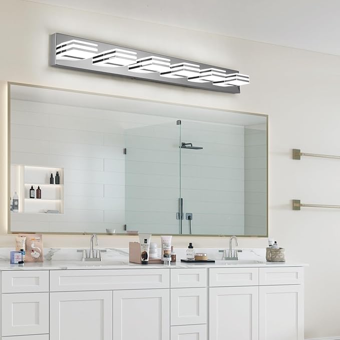 Modern Bathroom Light Fixtures 6 Light LED Vanity Lighting Bar 41 Inch Wall Lights above Mirror 36W Mirror Light Fixtures Chrome Bath Lamps 6000K Restroom Sink Light Long Vanity Sconces Lights
