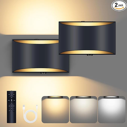 Battery Operated Wall Sconces Set of 2, 8000mAh Rechargeable Wireless Remote & Touch Control Battery Wall Lights, 3 Color Temperatures, Timer Cordless Dimmable Light for Bedroom, Living Room, Hallway