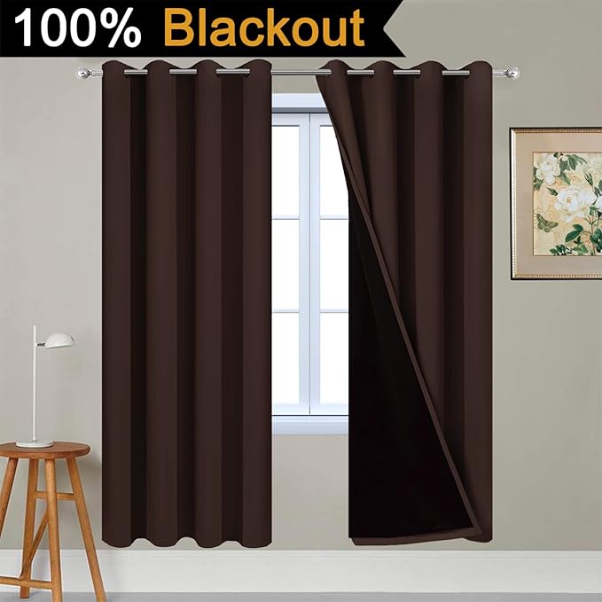 Yakamok Blackout Curtains 72 Inches Long,Blackout Curtain Panels for Bedroom, 2 Thick Layers Grommet Top Thermal Insulated Drapes with Black Liner for Living Room(52Wx72L, Chocolate Brown, 2 Panels)