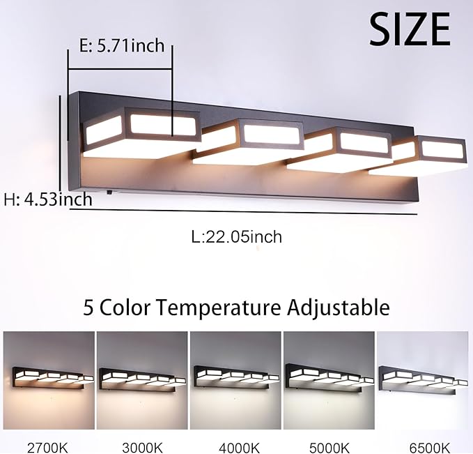 4-Light Bathroom Vanity Light Fixtures,Matte Black Bathroom Wall Lighting Fixtures Over Mirror, Dimmable 5CCT LED Vanity Lights with Acrylic Shades