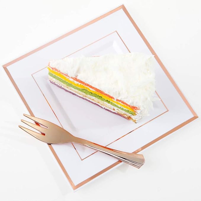 WDF 86pcs Rose Gold Dessert Plates 6" with 86 Pieces Disposable Forks 5", Elegant Square Appetizer Small Plastic Plates for Mother's Day, Wedding
