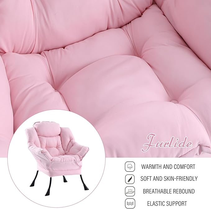 Lazy Chair with Ottoman, Modern Chair with Folding Footrest, Lounge Accent Chair, Comfortable Reading Chair, Oversized Armchairs for Bedroom, Study, Living Room, Courtyard (Pink