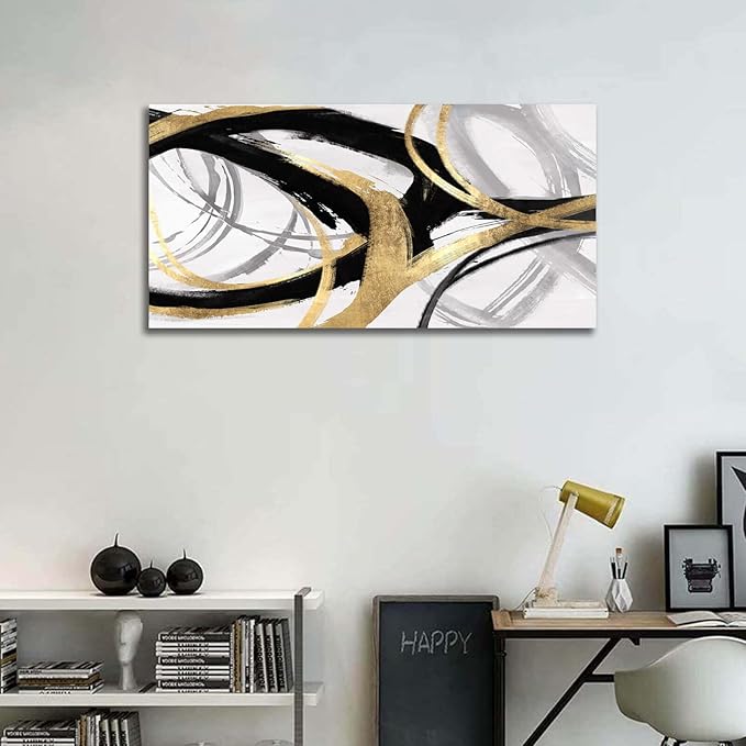 Kureful Gold Wall Decor - Black Canvas Wall Art for Living Room- Large Line Artwork - 20" x 40" Oil Painting Abstract Pictures for Bedroom Kitchen Home Office