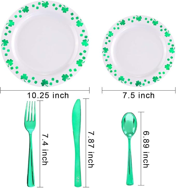 WDF 125pcs St. Patrick’s Day Plastic Plates with Shamrock Clover & Disposable Silverware - Premium White and Green Plastic Dinnerware for Wedding &Parties, Special for St. Patrick’s Day