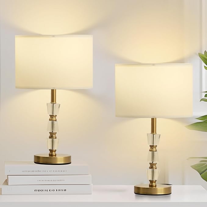 Crystal Table Lamps Set of 2, 3-Color Dimmable Gold Bedside Lamp for Living Room/Bedroom/Entryway and Other Rooms, Led Bulb Included