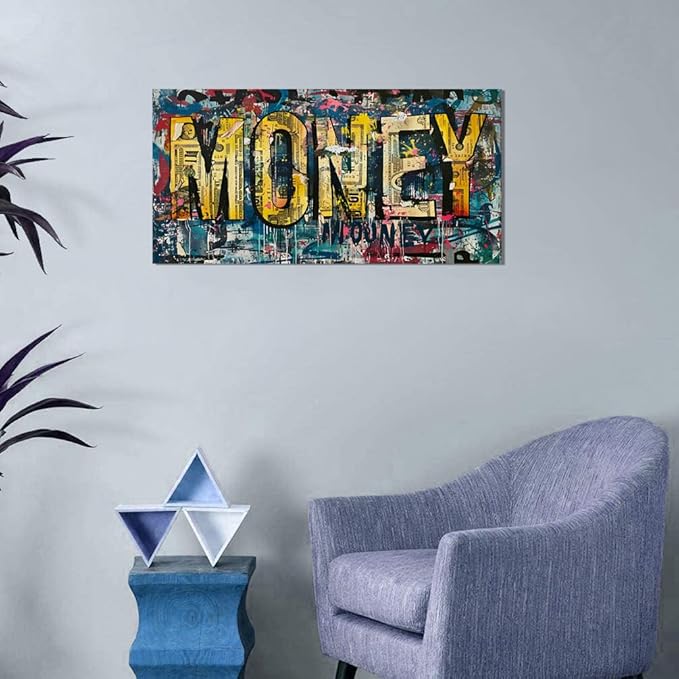 Inspirational Graffiti Money Wall Art Motivational Framed Office Artwork Dollar Bill Canvas Art Ready to Hang-32x16 inch
