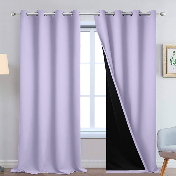 Yakamok 100% Blackout Curtains Energy Saving Thermal Insulated 2 Thick Layers Completely Blackout Drapes with Black Liner for Bedroom (52Wx108L,Lilac, Set of 2)