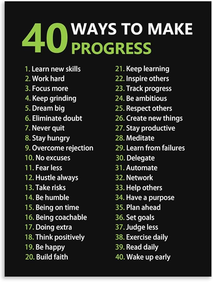 Motivational Canvas Wall Art Inspirational Canvas Painting Positive Quotes Posters 40 Ways to Make Progress Prints Artwork for Library Office Decor Wood Framed Ready to Hang[18" W x 24" H]