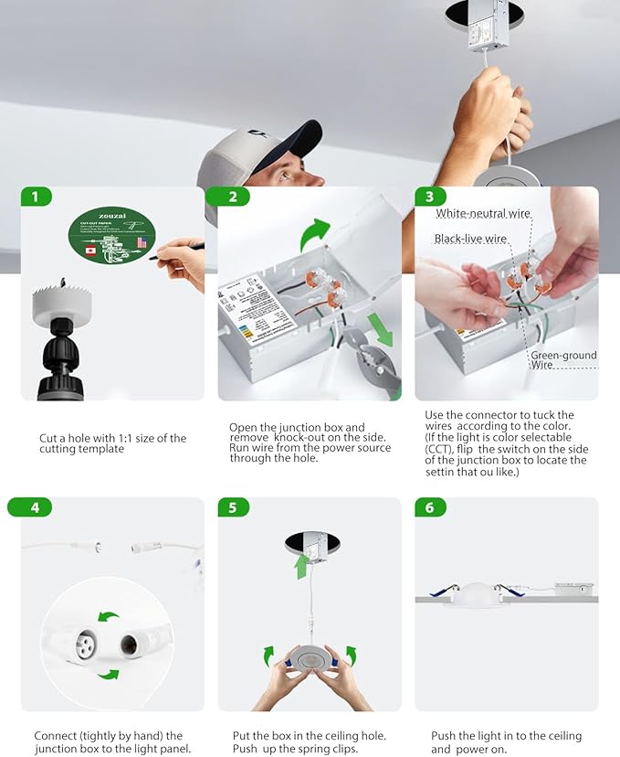 zouzai 5CCT LED Gimbal Led Recessed Light with Junction Box, 360°+90° Adjustable Directional Eyeball Lighting, Dimmable, 2700K/3000K/3500K/4000K/5000K,ETL&Energy Star (White 6 Pack, 3 inch)