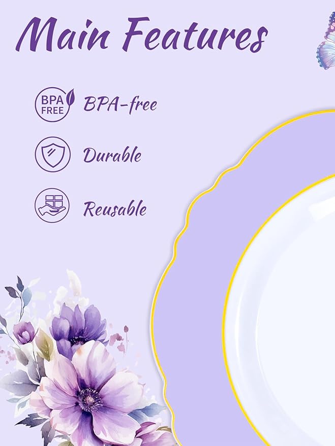 WDF 150Pcs Purple Plates Disposable - Baroque Lavender Purple and Gold Plates - 25Guest Plastic Dinnerware Ideal for Party/Spring/Picnic