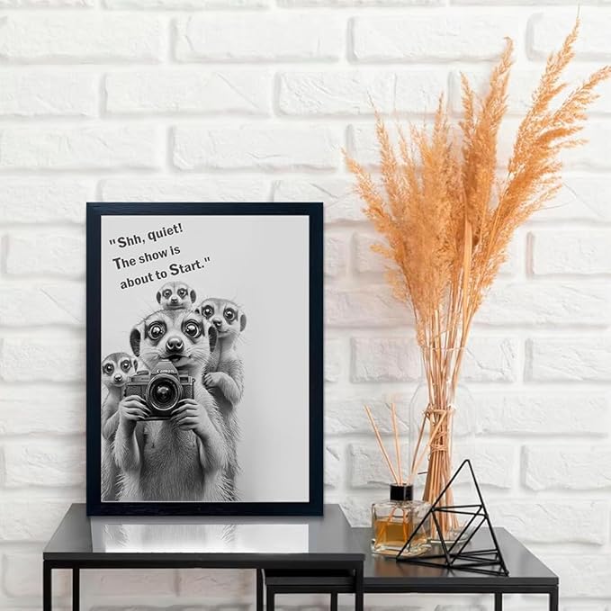 Frame Bathroom Wall Art, Black and White Meerkat Canvas Wall Art - Meerkat Painting with Camera - for Toilet Bathroom Animal Art- 11 "x 14"