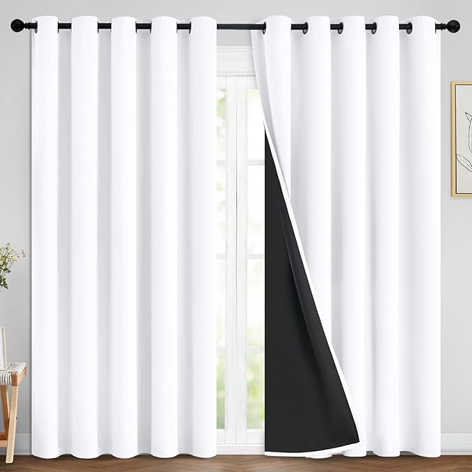 Yakamok Pure White 100% Blackout Curtains, 2 Thick Layers Completely Blackout Curtains Thermal Insulated Noise Reducing Drapes for Bedroom(70Wx84L, Pure White, 2 Panels)