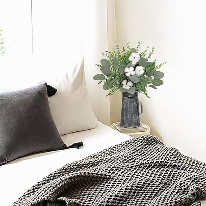 Hollyone Artificial Eucalyptus Plant in Rustic Metal Vase 18" Fake Plants Eucalyptus Leaves with Cotton Stems Faux Greenery Arrangement Potted for Farmhouse Kitchen Office Shelf Home Indoor Decor