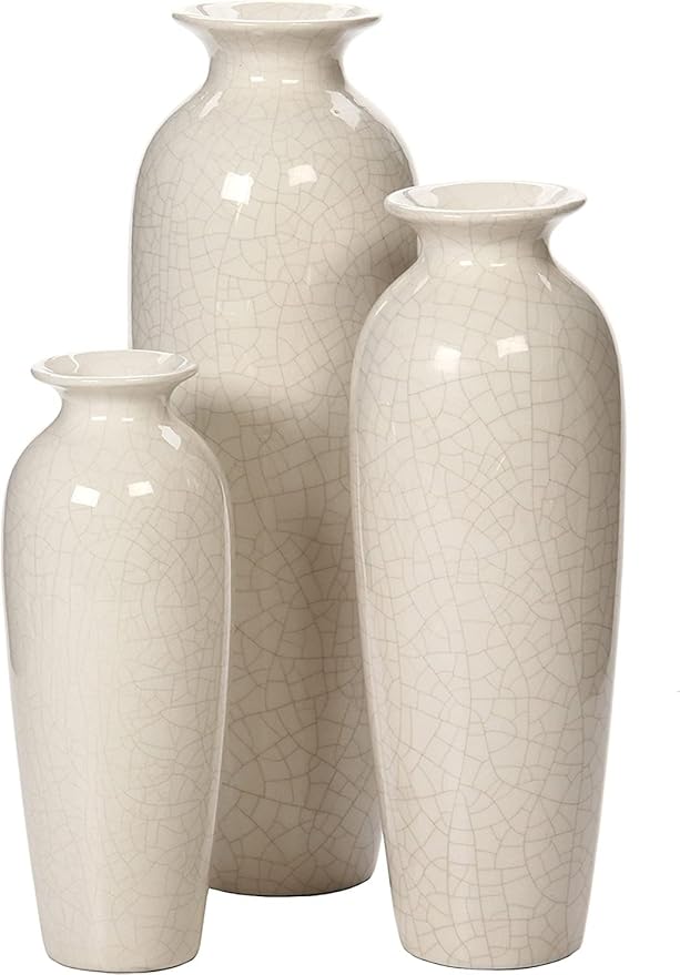 Hosley Set of 3 Crackle Ivory Ceramic Vases. Ideal Gift for Floral Arrangements Wedding or Special Occasions for Use in Home Office Decor Spa Aromatherapy Settings