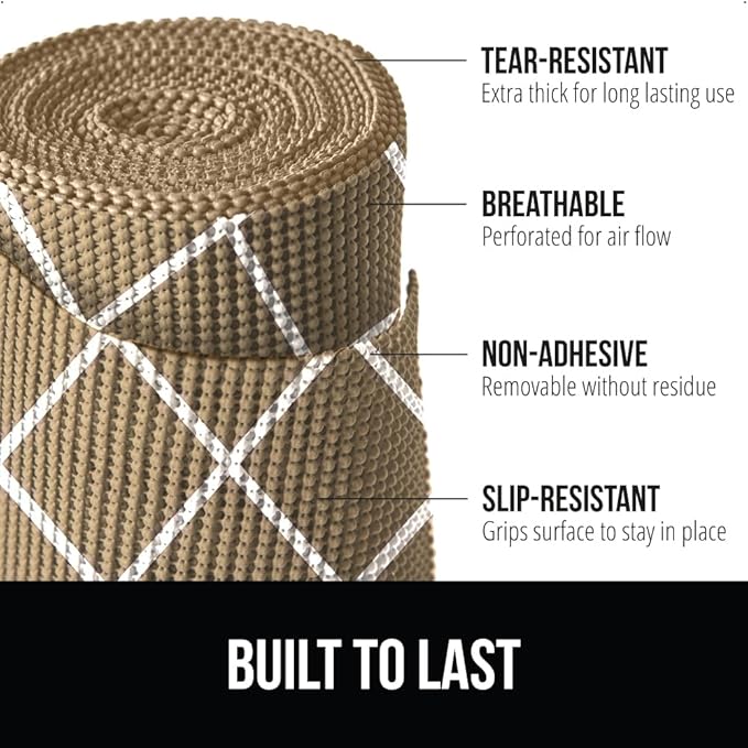 GORILLA GRIP powerGRIP Drawer Shelf and Cabinet Liner, Thick Strong Hold, Non-Adhesive Liners Protect Kitchen Cabinets and Cupboard, Bathroom Drawers, Easy Install, Breathable Mat, 12" x20', Beige