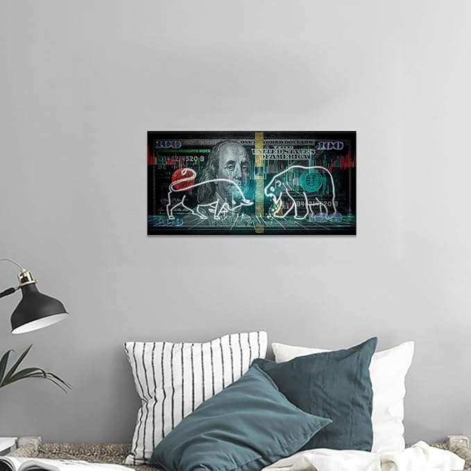 Yatsen Bridge Large Size Stock Market Bull VS Bear Artwork Paintings Motivational 100 Dollar Money Benjamin Franklin Canvas Wall Art Wooden Framed Ready to Hang - 32x16 inches