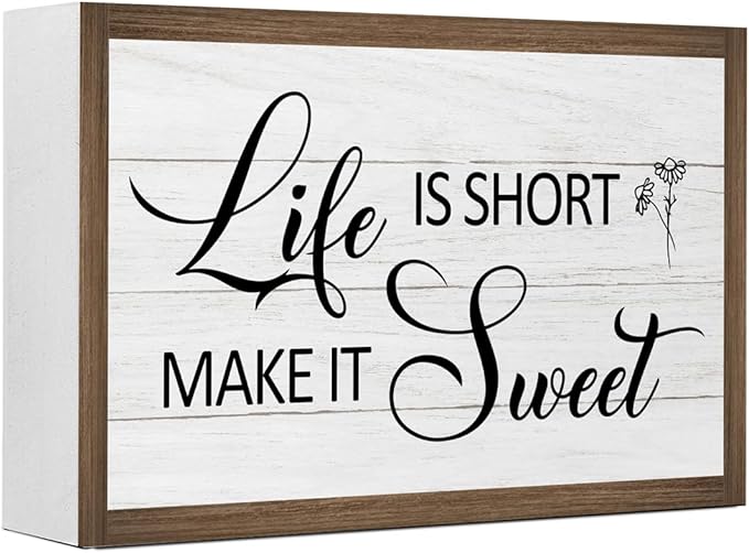 Life is Short Make It Sweet Inspirational Wooden Box Sign Decor,Rustic Motivational Saying Wooden Block Plaque Sign for Home Farmhouse Living Room Bedroom Shelf Desk Table Wall Decor